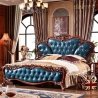 Luxury Classic Blue Tufted Upholstered Bed with Intricate Carved Wood Frame King Size