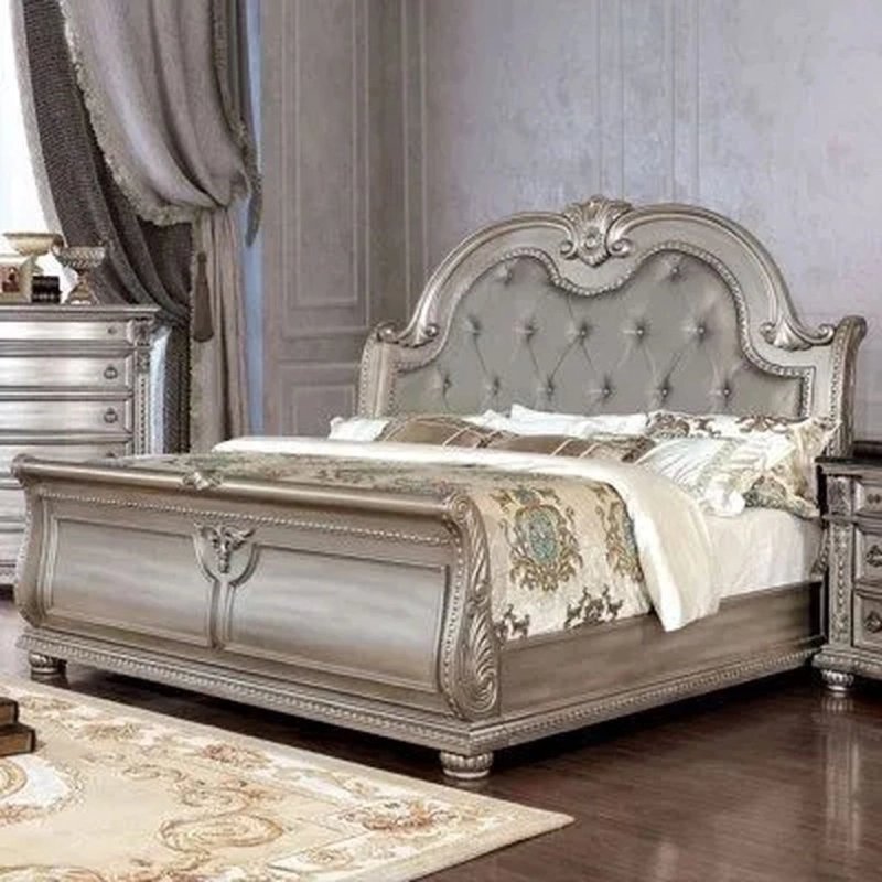 Luxury Classic Silver Finish Tufted Headboard Bed Frame