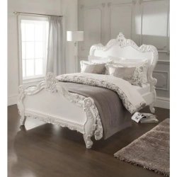 Elegant White Carved Wood Classic Baroque Bed Frame