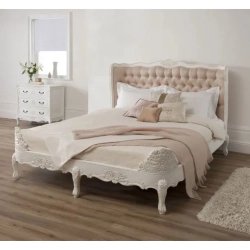 French Classic Carved Wood Bed Frame with Upholstered Headboard