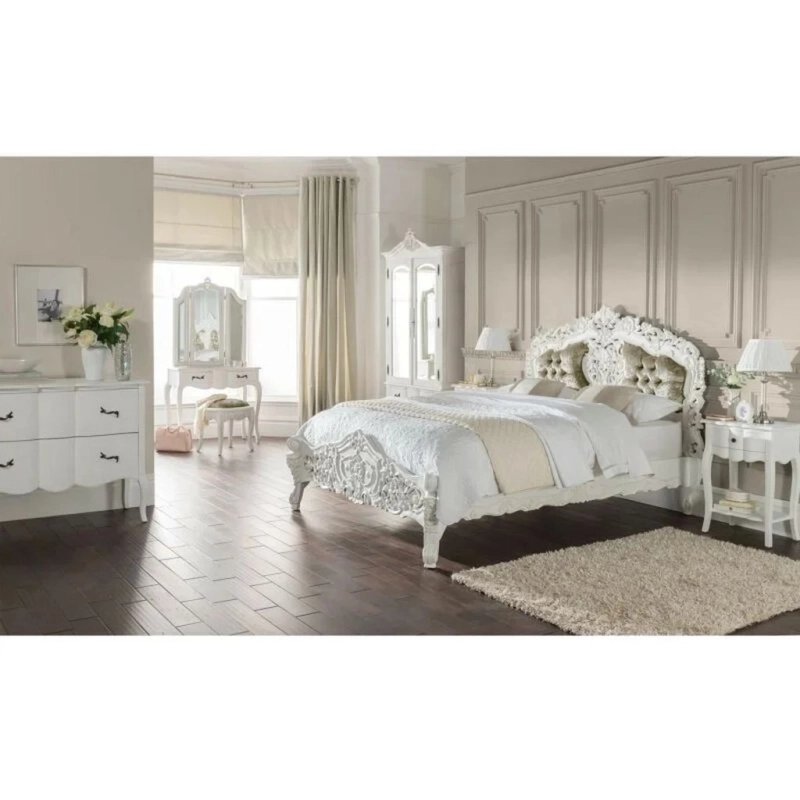 Luxurious White Carved Wooden Bed Frame with Tufted Headboard and Bedroom Set Luxurious White Carved Wooden Bed Frame with Tufted Headboard and Bedroom Set
