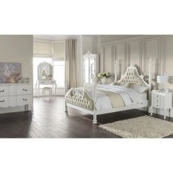 Classic White Tufted Fabric Four Poster Bed Elegant Design