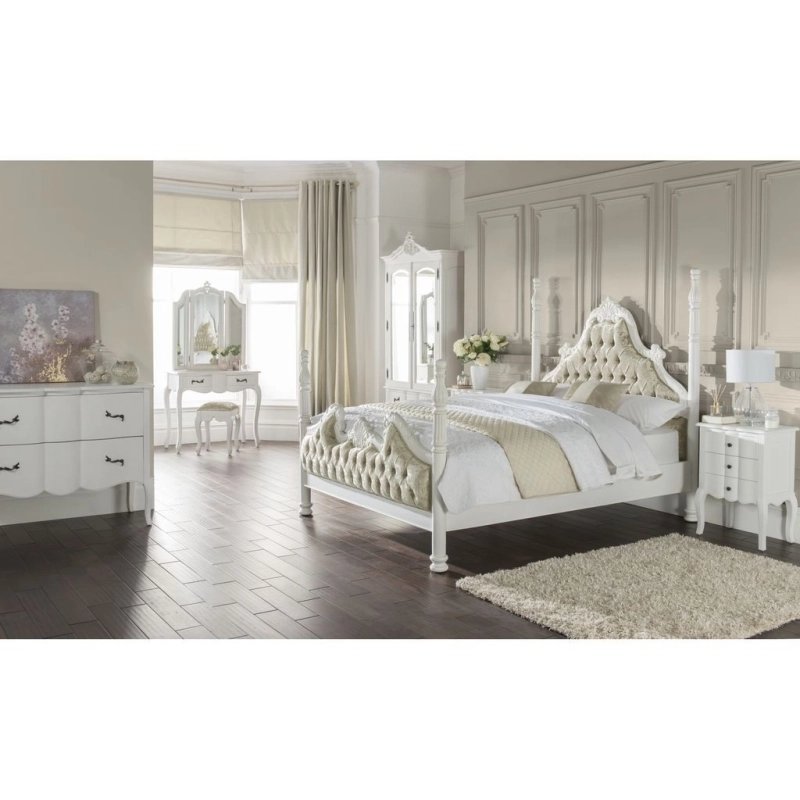 Classic White Tufted Fabric Four Poster Bed Elegant Design Classic White Tufted Fabric Four Poster Bed Elegant Design