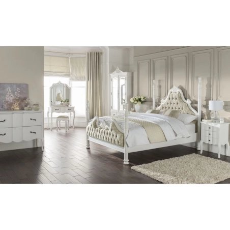 Classic White Tufted Fabric Four Poster Bed Elegant Design
