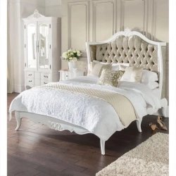 White Classic French Style Tufted Fabric Headboard Bed Frame
