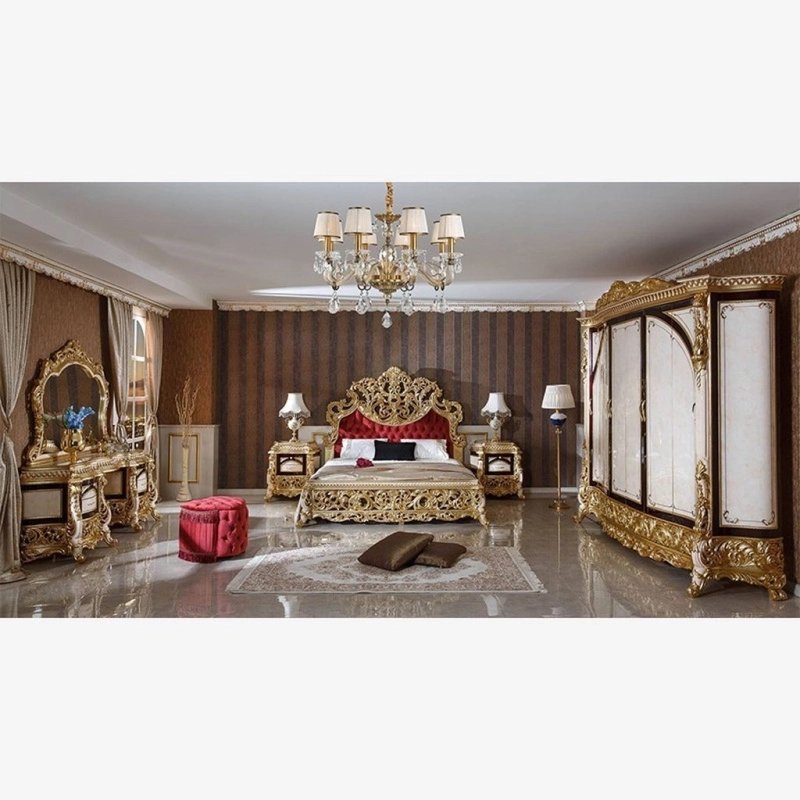 Luxury Classic Carved Gold Leaf Bed with Red Velvet Headboard