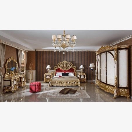 Luxury Classic Carved Gold Leaf Bed with Red Velvet Headboard
