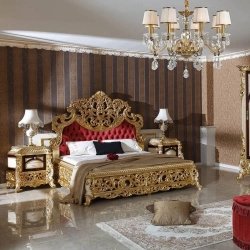 Luxury Classic Carved Gold Leaf Bed with Red Velvet Headboard