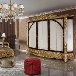 Luxury Classic Carved Gold Leaf Bed with Red Velvet Headboard