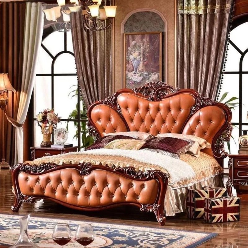 Luxury Tufted Leather Bed with Ornate Carvings