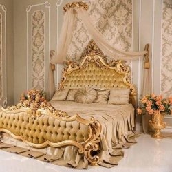Luxury Classic Gold Carved Tufted Canopy Bed