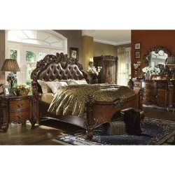 Luxury Classic Carved Wood Bedroom Set with Upholstered Headboard