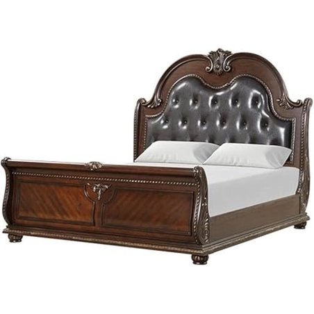 Luxury Classic Wood Sleigh Bed with Upholstered Headboard