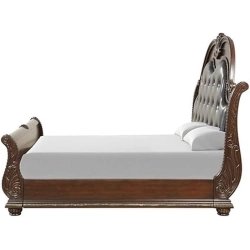 Luxury Classic Wood Sleigh Bed with Upholstered Headboard