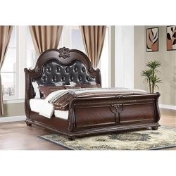 Luxury Classic Wood Sleigh Bed with Upholstered Headboard