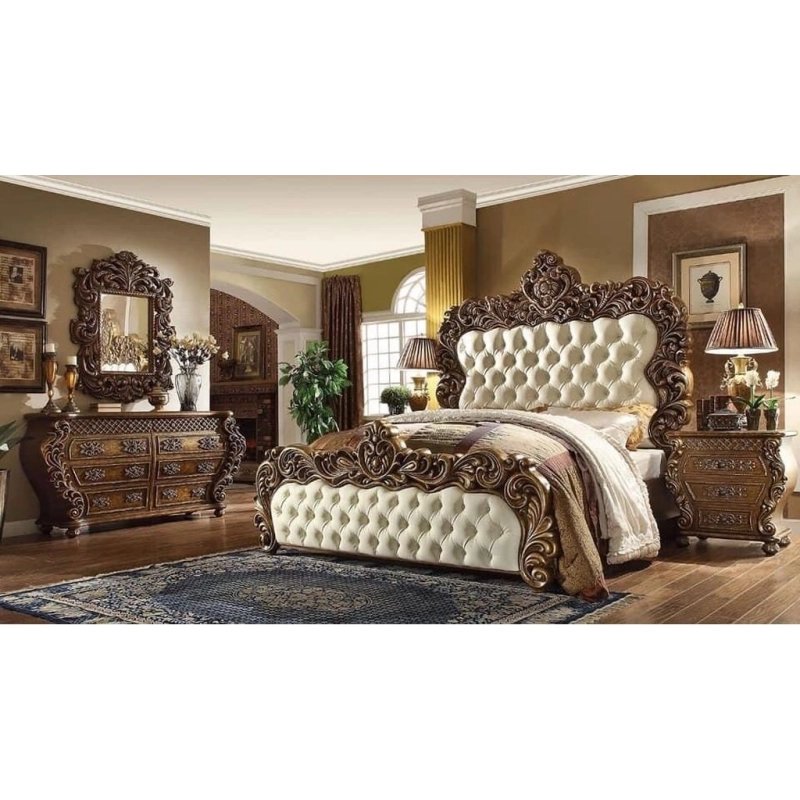 Luxury Classic Baroque Carved Wood Upholstered Bed Frame