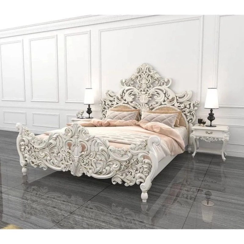 Exquisite White Hand-Carved Solid Wood Bed Frame with Ornate Design Exquisite White Hand-Carved Solid Wood Bed Frame with Ornate Design