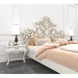 Exquisite White Hand-Carved Solid Wood Bed Frame with Ornate Design