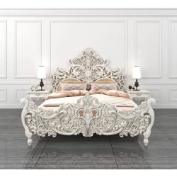 Exquisite White Hand-Carved Solid Wood Bed Frame with Ornate Design