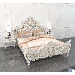 Exquisite White Hand-Carved Solid Wood Bed Frame with Ornate Design