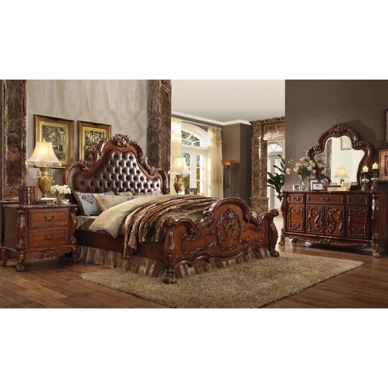 Luxurious Carved Wooden Bed Frame with Tufted Headboard Luxurious Carved Wooden Bed Frame with Tufted Headboard