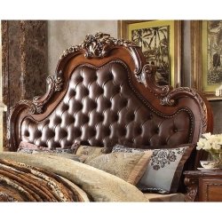 Luxurious Carved Wooden Bed Frame with Tufted Headboard