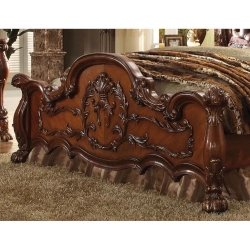Luxurious Carved Wooden Bed Frame with Tufted Headboard