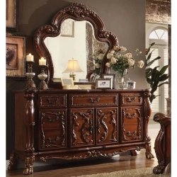 Luxurious Carved Wooden Bed Frame with Tufted Headboard
