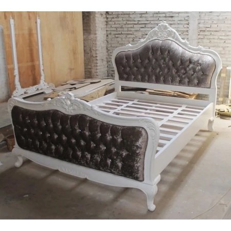 Elegant White Wooden Bed Frame with Tufted Headboard and Footboard