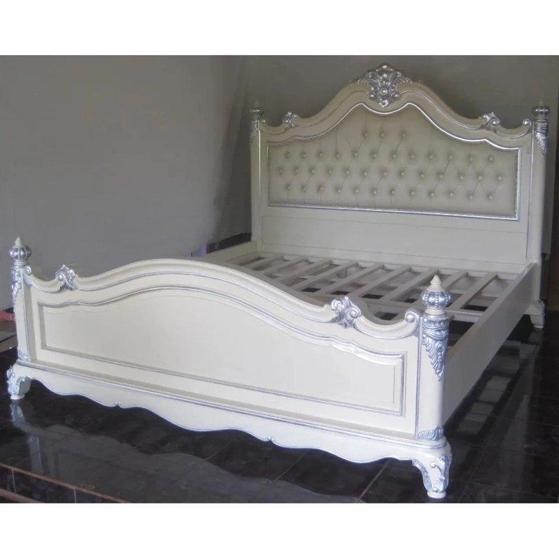 Luxury Classic Carved Wood Bed with Tufted Headboard White and Silver