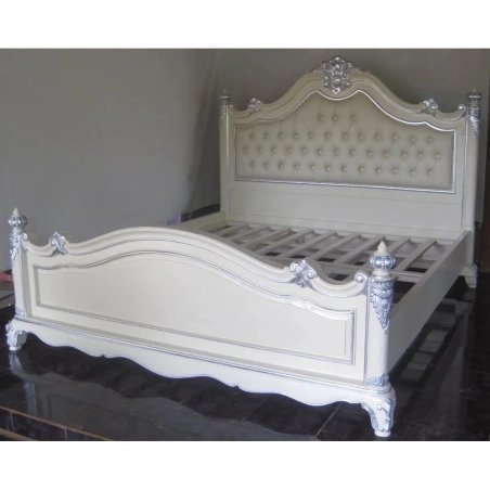 Luxury Classic Carved Wood Bed with Tufted Headboard White and Silver