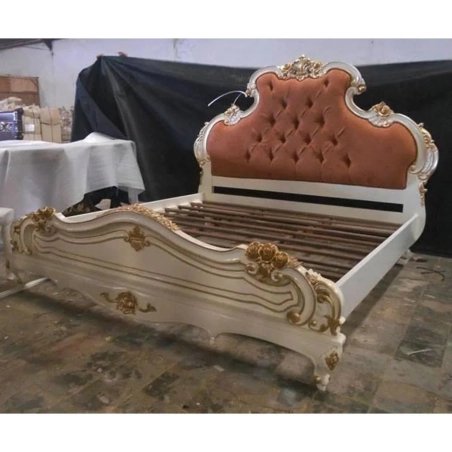 Classic Ornate White and Gold Carved Wood Bed Frame with Tufted Orange Headboard