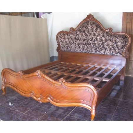 Classic Carved Solid Wood Bed Frame with Upholstered Headboard