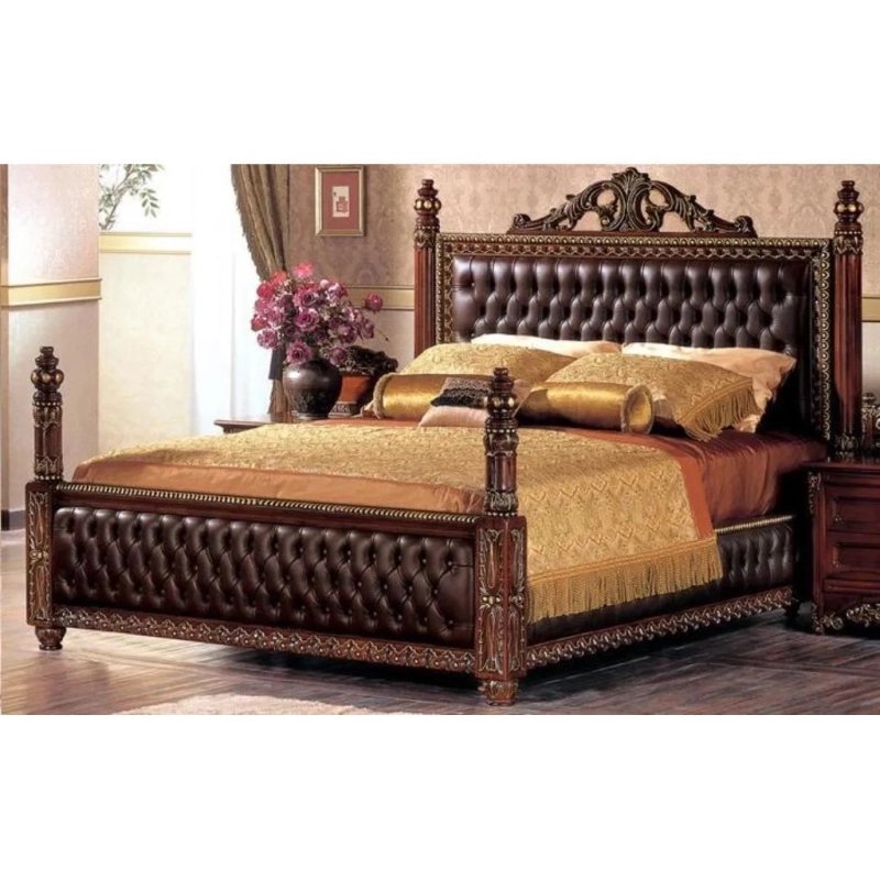 Luxury Dark Wood Four Poster Bed with Tufted Upholstery