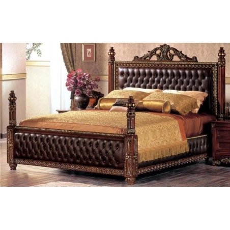 Luxury Dark Wood Four Poster Bed with Tufted Upholstery