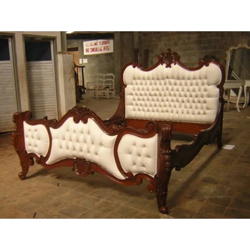 Classic Carved Wood Upholstered Tufted Bed Frame