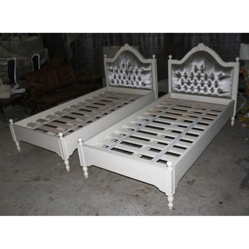 Classic White Wood Single Bed with Grey Tufted Headboard Classic White Wood Single Bed with Grey Tufted Headboard