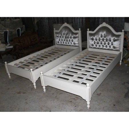 Classic White Wood Single Bed with Grey Tufted Headboard