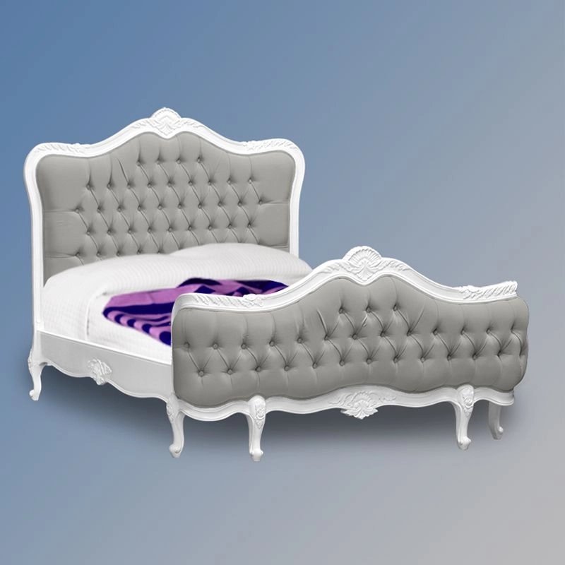 Classic Upholstered Tufted Bed with Carved Wood Frame