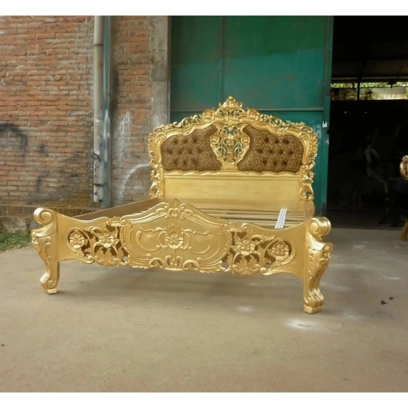 Luxury Gold Carved Wooden Bed with Ornate Headboard Luxury Gold Carved Wooden Bed with Ornate Headboard