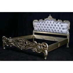 Ornate Carved Classic Bed Frame with Tufted Headboard