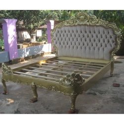 Luxury Classic Carved Wooden Bed Frame with Tufted Headboard Gold Leaf Finish