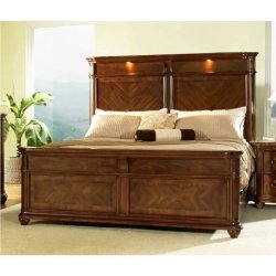 Luxury Solid Wood Bed Frame with Integrated Lighting and Patterned Panels