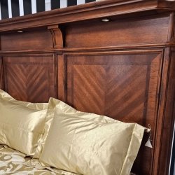 Luxury Solid Wood Bed Frame with Integrated Lighting and Patterned Panels