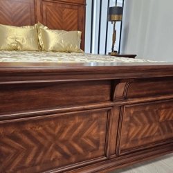 Luxury Solid Wood Bed Frame with Integrated Lighting and Patterned Panels