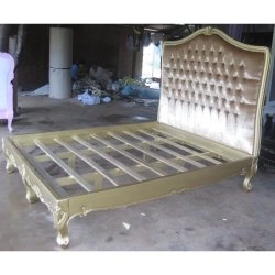 Classic Baroque Gold Carved Wood Bed Frame with Upholstered Headboard