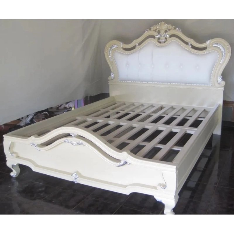 Elegant Classic White Carved Wood Upholstered Bed Frame