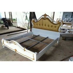 Elegant Classic White Carved Wood Upholstered Bed Frame