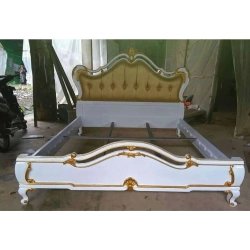 Elegant Classic White Carved Wood Upholstered Bed Frame
