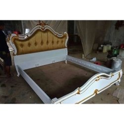 Elegant Classic White Carved Wood Upholstered Bed Frame